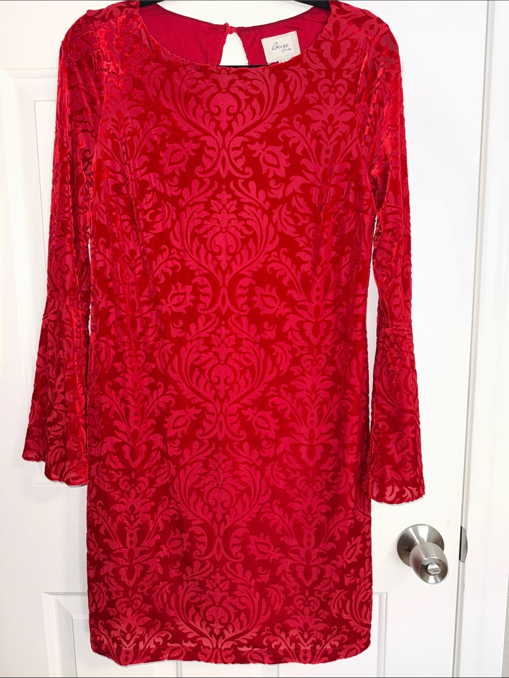 Red Velvet Jacquard Shift Dress with Bell Sleeves